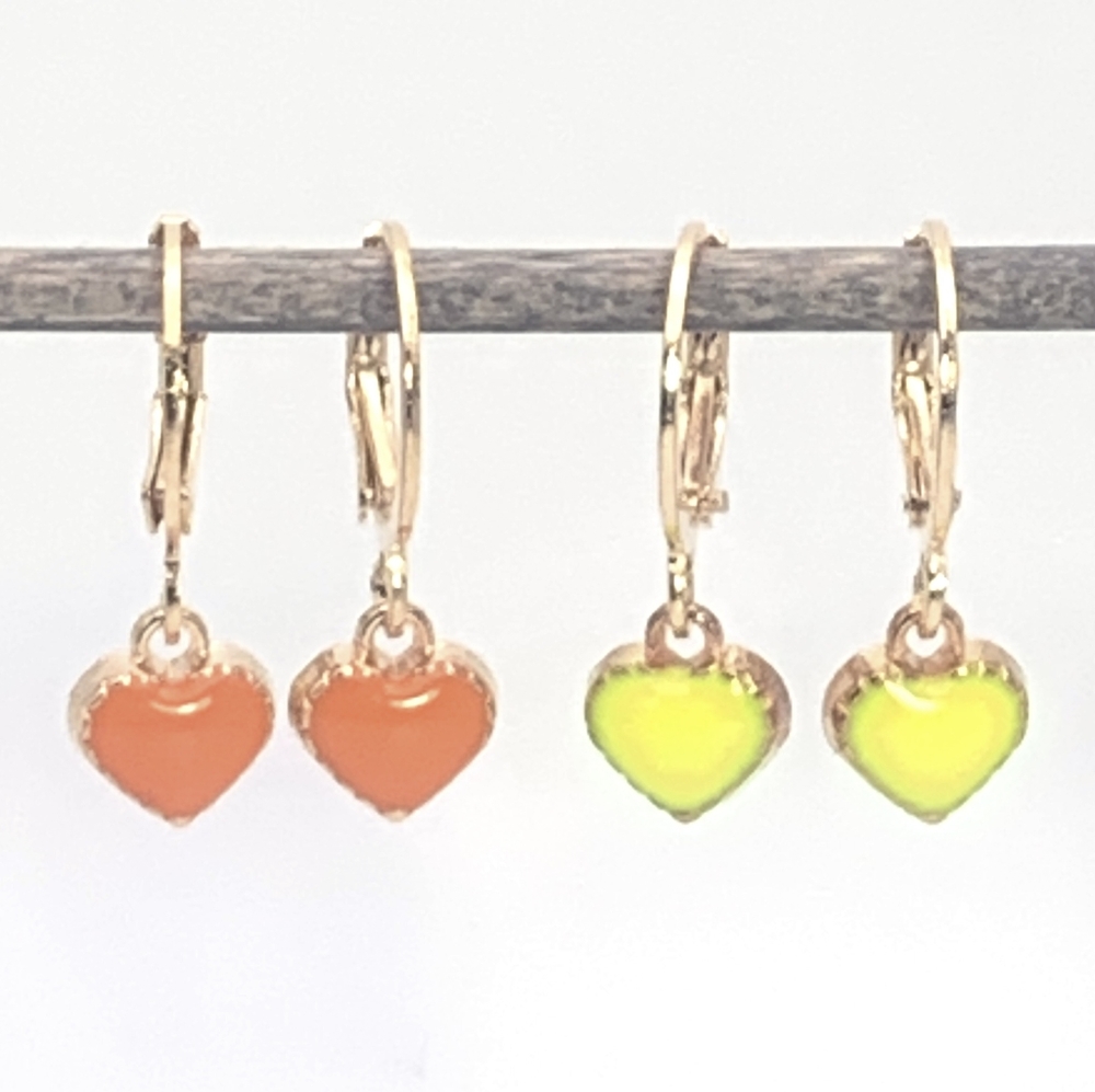2 Pairs! Orange and Yellow Enamel Heart Earrings